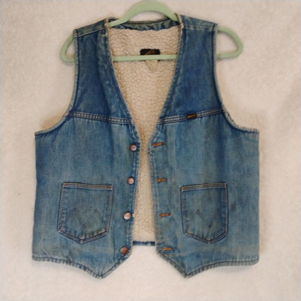Vintage 70s Maverick Automaticks Sherpa Lined Denim Vest Mens Large USA Made